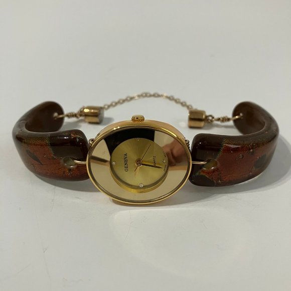 Mocha Brown Watch Fused Dichroic Glass Band Oval Gold Metal Ladies Wristwatch main image 7